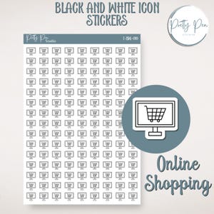 I-BW-010 Online winkelen / e-commerce / etalages / winkelwagen - zwart-wit pictogramsticker voor planners, tijdschriften, trackers