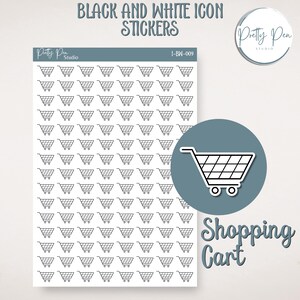 I-BW-009 winkelwagen / winkelwagen / winkel / buggy - zwart-wit pictogramsticker voor planners, tijdschriften, trackers