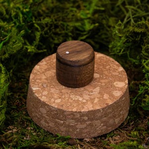 May include: A small, dark wooden container with a lid, featuring a single white dot on top, sits atop a round cork base. The background is a bed of vibrant green moss, creating a natural, earthy aesthetic. The container appears to be a small box or jar.