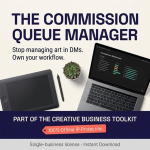 Könnte beinhalten: Ein digitaler Arbeitsplatz mit einem Laptop, der ein Dashboard anzeigt, einem Grafiktablett mit Stift und einer kleinen Sukkulente. Text: THE COMMISSION QUEUE MANAGER, Stop managing art in DMs. Own your workflow, PART OF THE CREATIVE BUSINESS TOOLKIT, 100% Offline IP Protection, Single-business license, Instant Download.