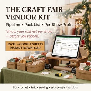 May include: A digital vendor kit for craft fairs featuring a tablet displaying an Excel and Google Sheets dashboard. The text reads THE CRAFT FAIR VENDOR KIT, Pipeline, Pack List, Per-Show Profit, and Know your real net per show before you rebook.