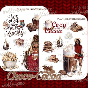 May include: Digital art print with the phrases "Hot Cocoa and Fuzzy Socks" and "Cozy with Cocoa." The image shows illustrations of hot chocolate, cookies, marshmallows, and a woman in a red outfit.