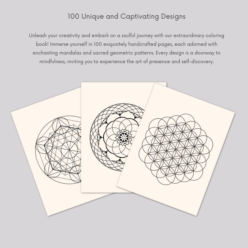 May include: Three black and white mandala designs on white paper. The designs are intricate and geometric, with circles, lines, and dots.