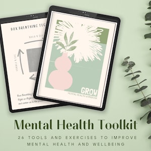 Może przedstawiać: Dwa czarne tablety wyświetlające przewodniki dotyczące zdrowia psychicznego. Jeden pokazuje schemat techniki oddychania w pudełku, drugi różowy wazon z ilustracją rośliny i słowem "GROW". Widoczny jest również tekst "Mental Health Toolkit" i "26 TOOLS AND EXERCISES TO IMPROVE MENTAL HEALTH AND WELLBEING".