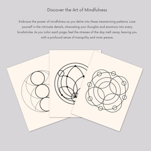 May include: Three black and white geometric mandala designs on white paper. The designs are made up of circles and lines.