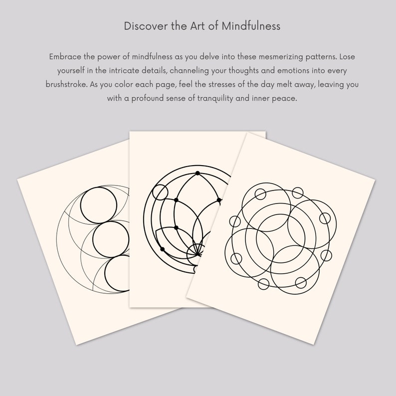 May include: Three black and white geometric mandala designs on white paper. The designs are made up of circles and lines.
