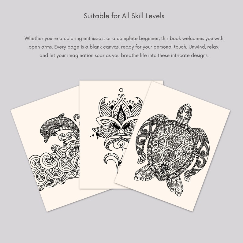 May include: Three black and white coloring pages featuring a dolphin jumping out of the water, a stylized flower, and a turtle. The pages are on a light gray background.