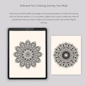 May include: Two images of a black and white mandala design. The first image shows the mandala on a tablet screen. The second image shows the mandala on a white background.