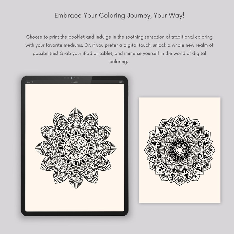 May include: Two images of a black and white mandala design. The first image shows the mandala on a tablet screen. The second image shows the mandala on a white background.