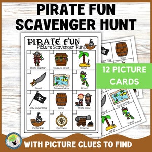 Caça ao tesouro pirata para crianças em idade pré-escolar com pistas ilustradas, Caça ao tesouro com pistas ilustradas para creche, Jogo de falar como um pirata para crianças em idade pré-escolar