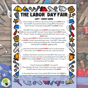May include: A printable worksheet for a left-right game for kids. The worksheet features a colorful illustration of a Labor Day fair with a text box that reads "The Labor Day Fair: Left-Right Game".
