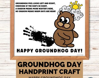 Peut inclure: Un modèle d'artisanat imprimable pour la Journée de la marmotte. L'artisanat présente une marmotte de dessin animé avec une ombre et le texte "GROUNDHOG PHIL LOOKS LEFT AND RIGHT, CHECKING IF THE SUN'S IN SIGHT. A SHADOW MEANS MORE WINTER'S HERE, NO SHADOW MEANS WARM DAYS ARE NEAR! HAPPY GROUNDHOG DAY!"