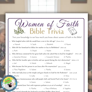 Op de afbeelding: Een wit trivia-spelblad getiteld "Women of Faith Bible Trivia" met vragen over vrouwen in de Bijbel. Het blad bevat meerkeuzevragen en -antwoorden. De bovenkant van het blad heeft de titel in een decoratief lettertype.