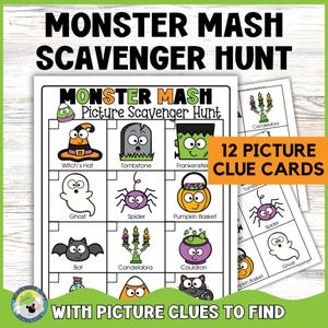 Búsqueda del tesoro de monstruos adorables de Halloween para preescolar con pistas ilustradas, búsqueda del tesoro ilustrada de Halloween para niños pequeños en interiores, juego preescolar de Halloween