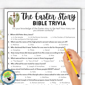 May include: A printable Easter Bible trivia game with questions about the Easter story. The game features a cross with palm branches and a title that reads "The Easter Story Bible Trivia".