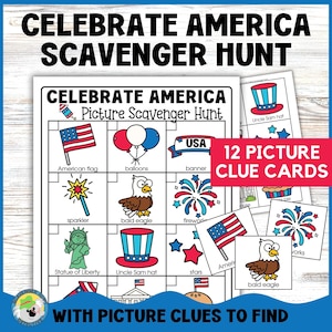 以下が含まれることがあります： 「Celebrate America」のピクチャー・スカベンジャー・ハント・ゲーム。12枚の絵柄ヒントカード付き。アメリカ国旗、風船、ハクトウワシ、花火、自由の女神のイラストが特徴です。「Celebrate America」の文字が上部にあります。