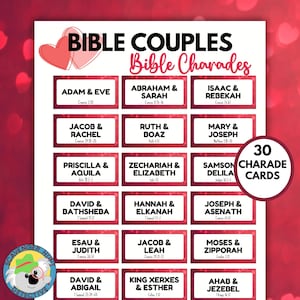 Peut inclure: Un jeu de 30 cartes de charades bibliques imprimables mettant en scène des couples de la Bible. Les cartes sont rouges avec du texte blanc et des cœurs. Les cartes sont parfaites pour une soirée de jeu amusante et éducative.