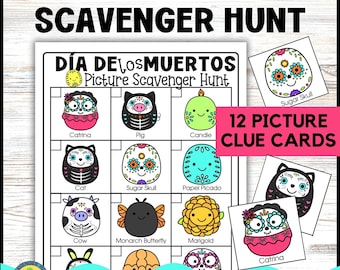 May include: A printable Day of the Dead scavenger hunt game with 12 picture clue cards. The game board features a grid with 12 images of traditional Day of the Dead symbols, including a catrina, sugar skull, pig, candle, cat, papel picado, cow, monarch butterfly, marigold, and more.