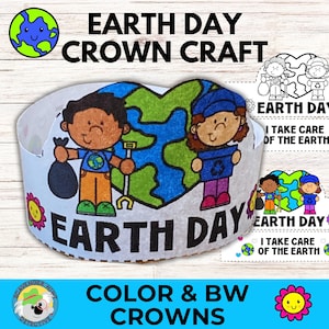 May include: Color and black and white printable Earth Day crown craft for kids. The crown features a heart-shaped Earth with two children holding a trash bag and a recycling bin. The text "Earth Day" is written on the crown.