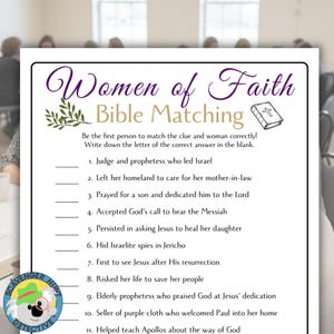 May include: A white paper game titled "Women of Faith Bible Matching" with purple script and a small illustration of a bible. The game includes a list of clues to match with biblical women. A Scavenger Hunt Detective logo is in the bottom left corner.