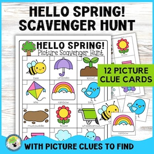 May include: A printable spring scavenger hunt game with a grid of 12 spring-themed pictures, including a bee, umbrella, sprout, kite, rainbow, bird, mud puddle, flower, wheelbarrow, and a flower. The game includes 12 picture clue cards to help find the items on the grid.