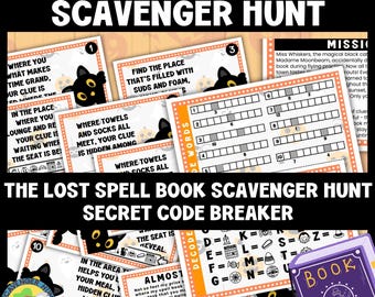 May include: A Halloween-themed scavenger hunt game with a black cat illustration and the text "The Lost Spell Book Scavenger Hunt Secret Code Breaker". The game includes a grid with numbers and letters, and a code breaker sheet with letters and symbols.