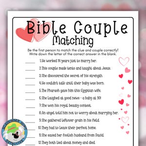 Bible Couples Matching Game, Valentine's Party Couples of the Bible Game Church Youth Group Activity, Christian Church Valentines Party Game