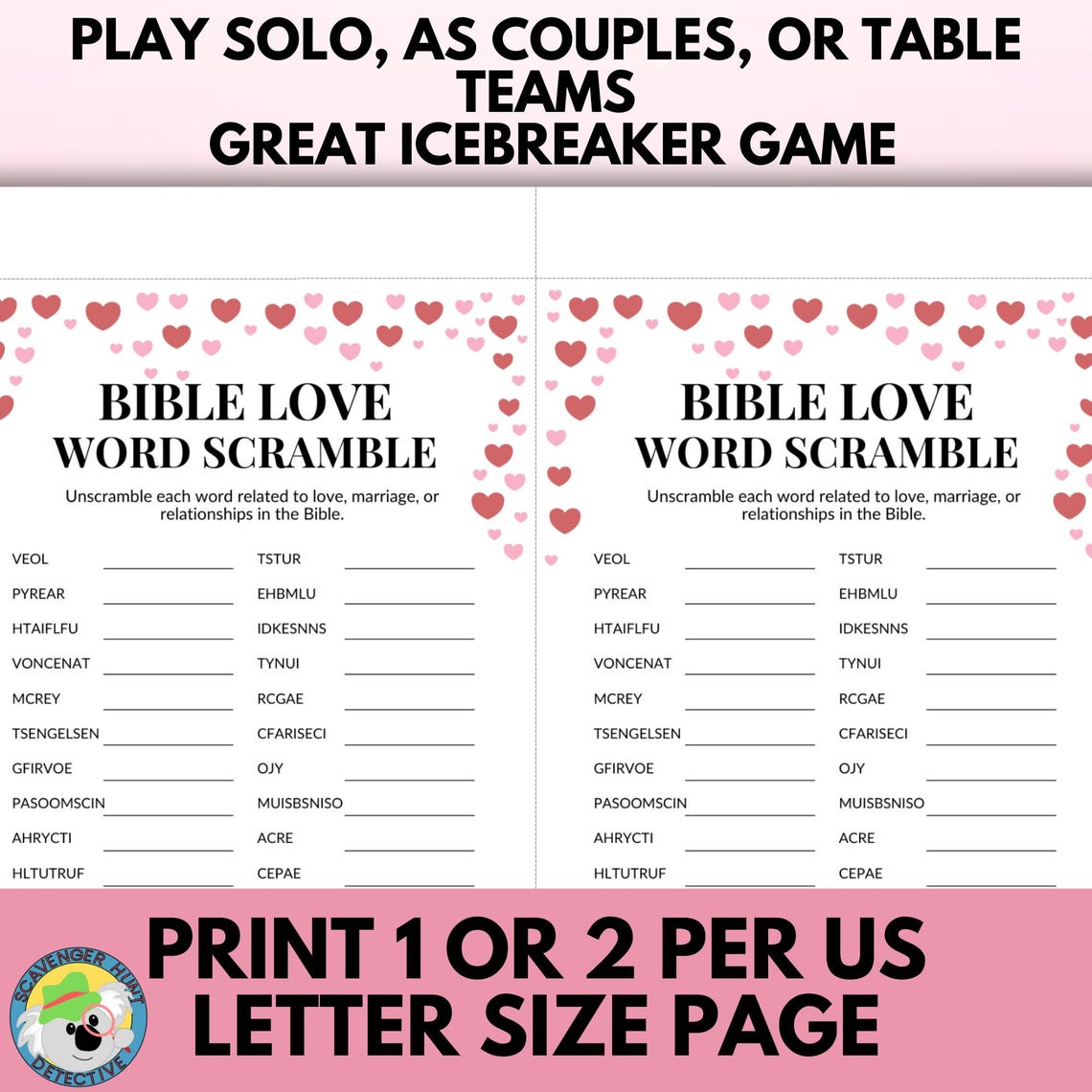 Bible Love Word Scramble Game, Church Christian Valentine's Party Love ...