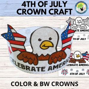 July 4th Celebrate America Paper Crown Craft Activity, Coloring Printable 4th of July Party Crown, Patriotic Headband for Preschool Kids