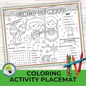 Jogo de mesa para colorir com atividades de Cinco de Mayo, jogo de festa para imprimir, atividade para crianças, jogo de caça-palavras de Cinco de Mayo, tapete de atividades para colorir