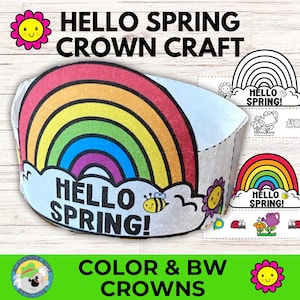 Attività artigianale di corona di carta primaverile, corona da colorare stampabile per la festa del primo giorno di primavera, fascia per capelli arcobaleno per bambini della scuola materna elementare
