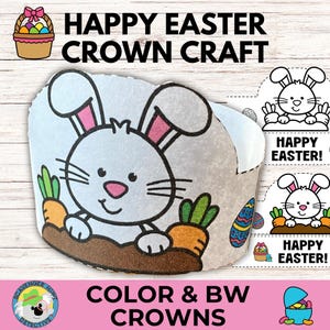 May include: A printable craft template for making Easter bunny crowns. The template features a bunny rabbit with carrots and the text "Happy Easter!" in a banner. The template is available in both color and black and white versions.