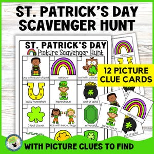 May include: A printable St. Patrick's Day scavenger hunt game with 12 picture clue cards. The game board features images of a rainbow, leprechaun, pot of gold, lucky horseshoe, shamrock, and more.