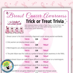 May include: A trivia game sheet for Breast Cancer Awareness, featuring pink and white colours. The title is "Trick or Treat Trivia" with statements to determine if they are true or false. The sheet includes pink ribbon graphics and the phrase "in October we wear pink."