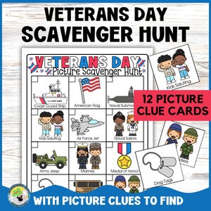 Caça ao tesouro para o Dia dos Veteranos para pré-escola com pistas ilustradas, jogo de festa para caça ao tesouro em ambientes fechados com pistas ilustradas para o Dia da Memória dos Veteranos para crianças pequenas