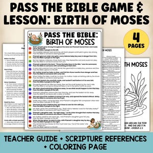 Könnte beinhalten: Ein vierteiliges, ausdruckbares Bibelspiel und eine Lektion mit dem Titel Pass the Bible: Birth of Moses. Das Set enthält eine nummerierte Liste mit zwanzig gereimten Anweisungen, einen Lehrerleitfaden, Bibelstellen und eine Malvorlage.
