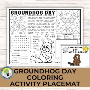 Groundhog Day Activity Coloring Placemat Printable Groundhog Party Game Activity for Kids, Groundhog Coloring and Games for Class and Home