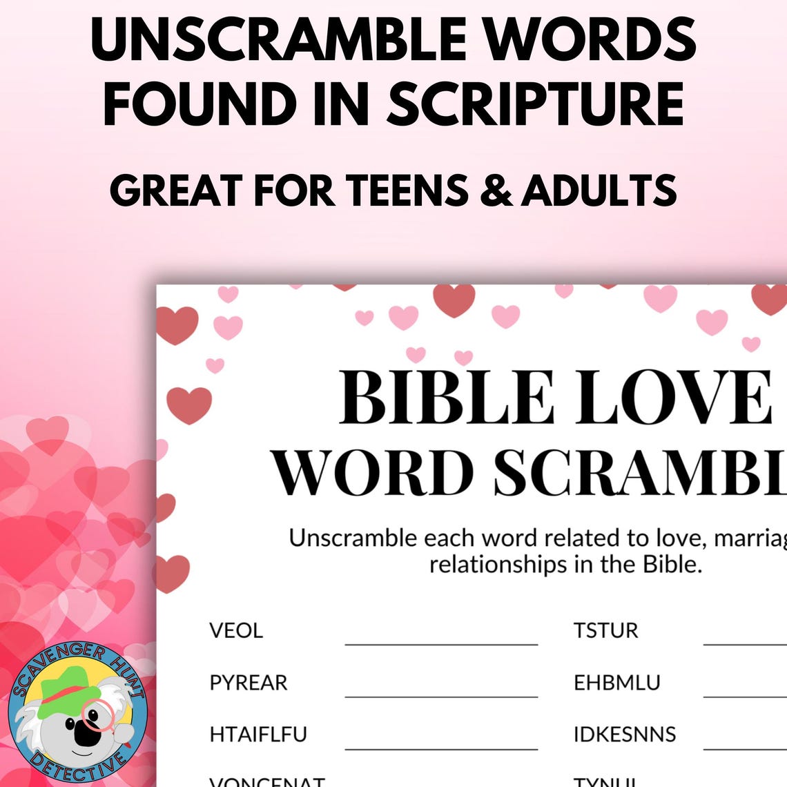 Bible Love Word Scramble Game, Church Christian Valentine's Party Love ...