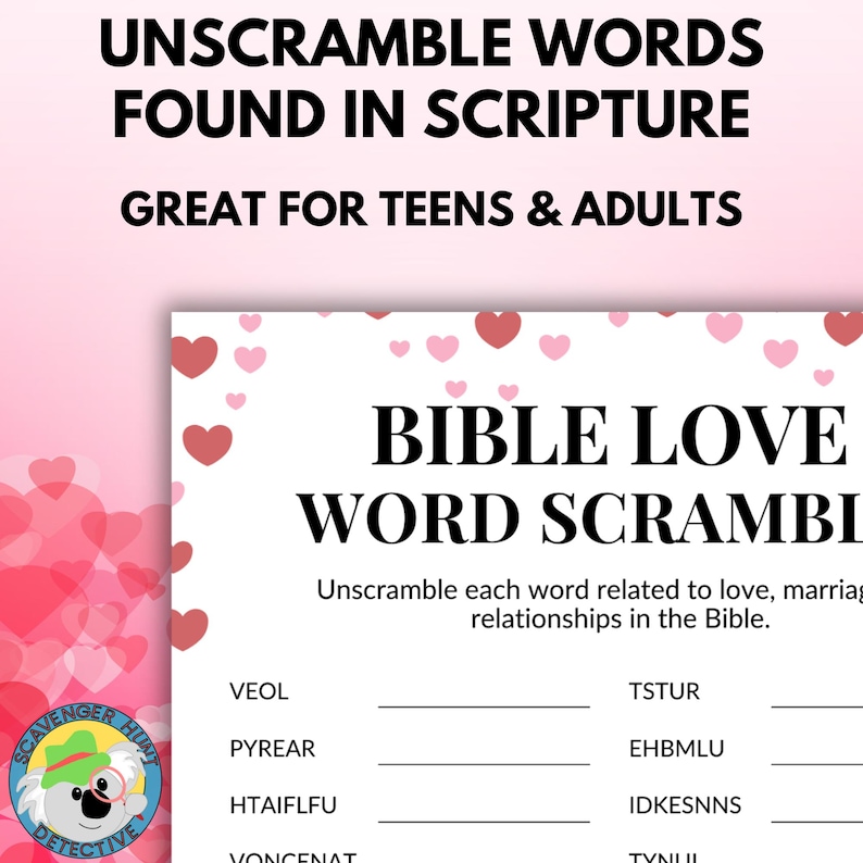 Scrambled Scriptures Bible Love Word Scramble Game, Church Christian Valentine's Party Love ...