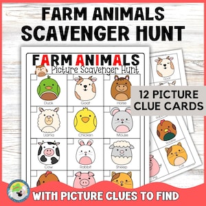 Búsqueda del tesoro de animales de granja para niños en edad preescolar con pistas ilustradas, búsqueda en interiores con temática de granja, excursión a la granja, búsqueda del tesoro para niños en edad preescolar.