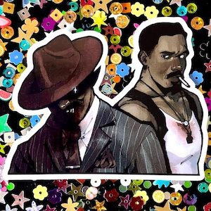 May include: A sticker featuring two illustrated figures. One figure wears a brown fedora and pinstripe suit. The other figure has a mustache and is smoking a cigarette. The background is black with colorful confetti.
