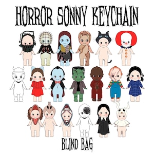 May include: A collection of Horror Sonny Keychain figures, each designed with unique character details. The figures are in various colors and styles, including characters like Pinhead, Sally, and Chucky. The text "HORROR SONNY KEYCHAIN" and "BLIND BAG" are displayed.