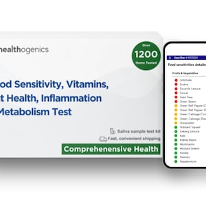 May include: A white box labeled "healthogenics" with text: "Food Sensitivity, Vitamins, Gut Health, Inflammation & Metabolism Test." A smartphone displays a food sensitivities analysis. The box states "Over 1200 Items Tested."