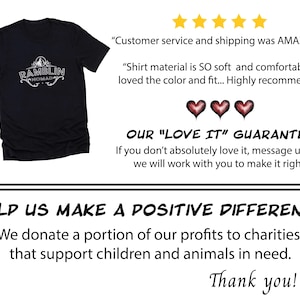 Puede incluir: Camiseta negra con texto blanco que dice "Ramblin Nomad" en una fuente de estilo vintage. La camiseta se muestra sobre un fondo blanco con texto que dice "Customer service and shipping was AMAZING." y "Shirt material is SO soft and comfortable, loved the color and fit... Highly recommend!"  El texto tambi&eacute;n dice "OUR "LOVE IT" GUARANTEE If you don't absolutely love it, message us and we will work with you to make it right." y "HELP US MAKE A POSITIVE DIFFERENCE We donate a portion of our profits to charities that support children and animals in need. Thank you!"