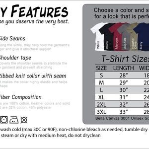 Puede incluir: Un gr&aacute;fico que muestra las caracter&iacute;sticas clave, la tabla de tallas y las opciones de color para una camiseta. El gr&aacute;fico incluye informaci&oacute;n sobre las costuras laterales, la cinta del hombro, el cuello de punto acanalado y la composici&oacute;n de la fibra. La tabla de tallas enumera la longitud y el ancho de la camiseta en pulgadas para las tallas S, M, L, XL, 2XL y 3XL. Las opciones de color incluyen blanco, negro, granate, asfalto, oliva jaspeado y azul marino.