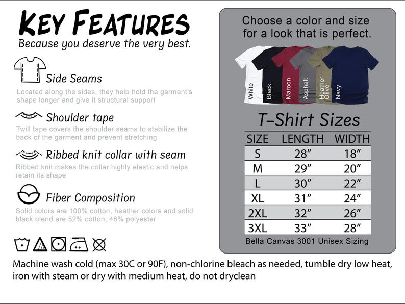 Puede incluir: Un gr&aacute;fico que muestra las caracter&iacute;sticas clave, la tabla de tallas y las opciones de color para una camiseta. El gr&aacute;fico incluye informaci&oacute;n sobre las costuras laterales, la cinta del hombro, el cuello de punto acanalado y la composici&oacute;n de la fibra. La tabla de tallas enumera la longitud y el ancho de la camiseta en pulgadas para las tallas S, M, L, XL, 2XL y 3XL. Las opciones de color incluyen blanco, negro, granate, asfalto, oliva jaspeado y azul marino.