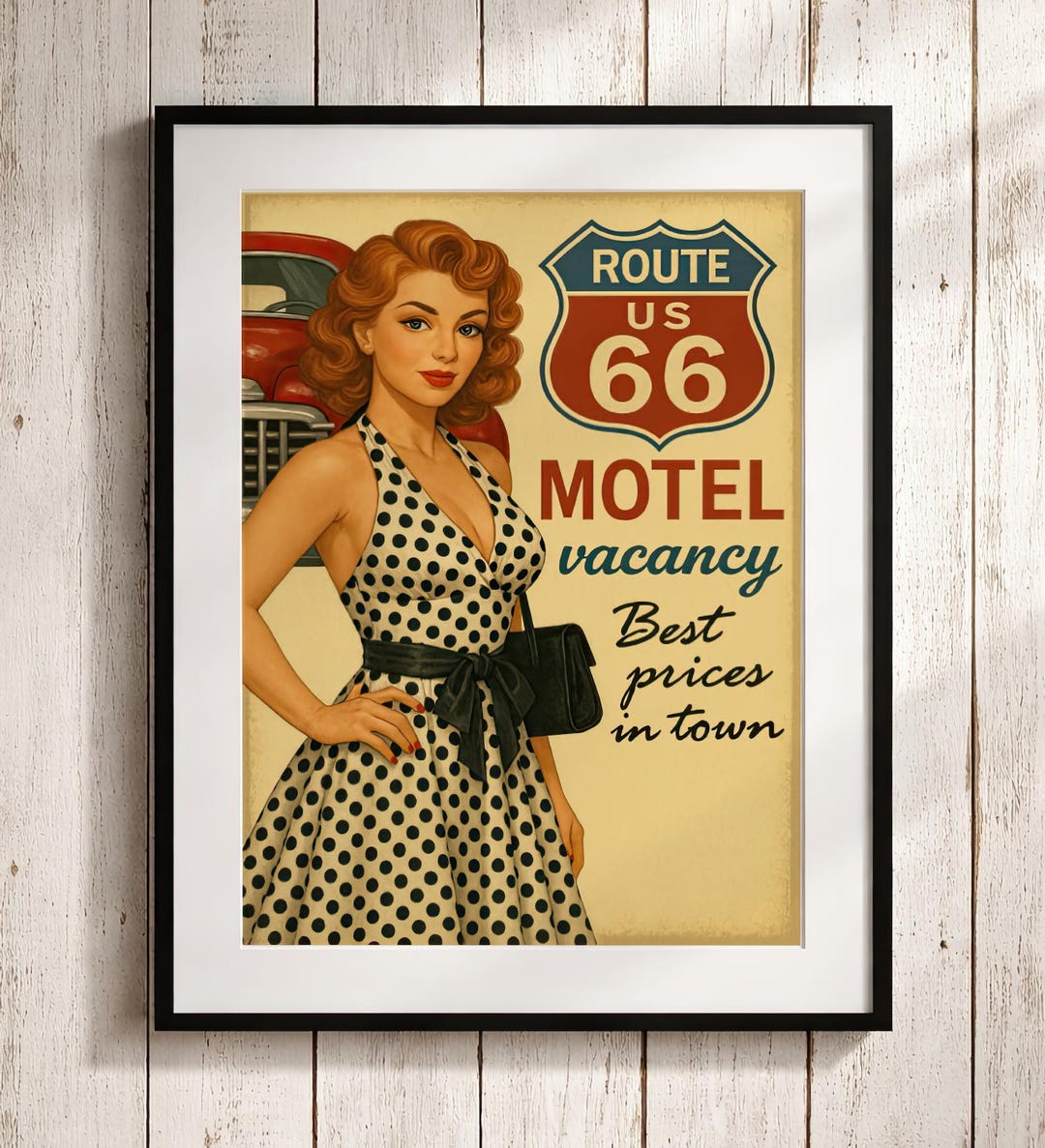 Retro Route 66 Pin up Art Print, Vintage Motel Wall Decor, Classic Car ...