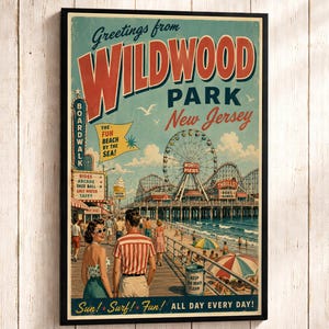 May include: Vintage-style poster print of Wildwood Park, New Jersey, featuring a boardwalk scene with a Ferris wheel, roller coasters, and beachgoers. The poster includes text that reads "Greetings from Wildwood Park New Jersey" and "Sun! Surf! Fun! All Day Every Day!"