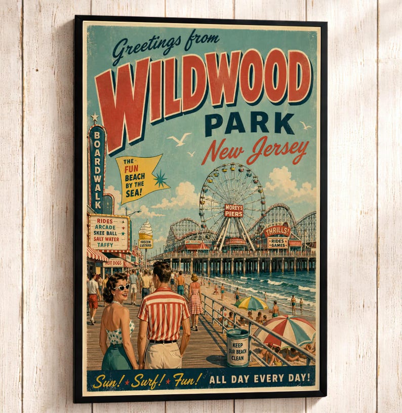 May include: Vintage-style poster print of Wildwood Park, New Jersey, featuring a boardwalk scene with a Ferris wheel, roller coasters, and beachgoers. The poster includes text that reads "Greetings from Wildwood Park New Jersey" and "Sun! Surf! Fun! All Day Every Day!"