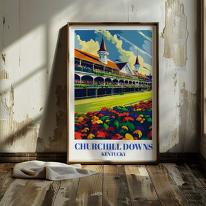 Capture the thrill of the Kentucky Derby with our Churchill Downs poster. A stunning addition to any wall, this framed/unframed art showcases the iconic racecourse in Louisville, Kentucky.